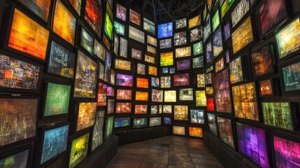 Poster - Vibrant Wall of Digital Art Displays Creating a Visual Maze with Dynamic Colors and Textures in a Contemporary Art Space
