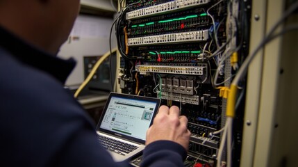 Poster - Technician Working on Server Rack with Computer in Data Center, Managing Network Connections and Maintaining Equipment in Technology Environment