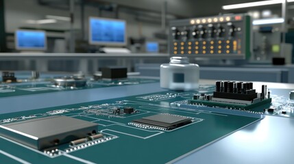 Poster - Close-Up View of Electronic Circuit Board with Microchips and Components in High-Tech Laboratory Environment for Technology and Innovation Themes