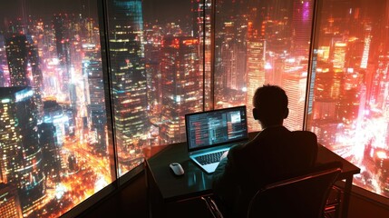 Poster - Professional Businessman Working Late at Night in a High-Rise with a Stunning City View, Laptop Displaying Code and Illuminated Urban Landscape in the Background