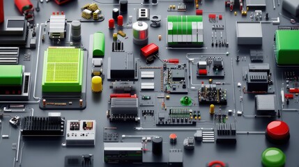 Poster - Colorful array of electronic components and circuit board elements showcasing intricate designs and vibrant colors for technology and engineering themes