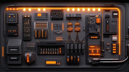 Poster - Futuristic Control Panel with LED Indicators and Wiring in Dark Environment, Showcasing Complex Electronics and Modern Design Aesthetics for Technology Projects