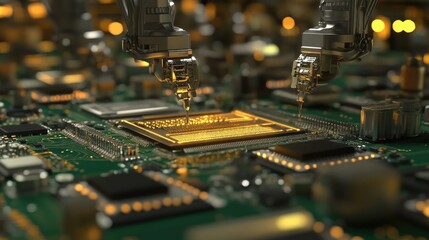 Poster - Close-up View of Advanced Robotics in Microelectronics Manufacturing with Precision Mechanisms Working on Circuit Board Components