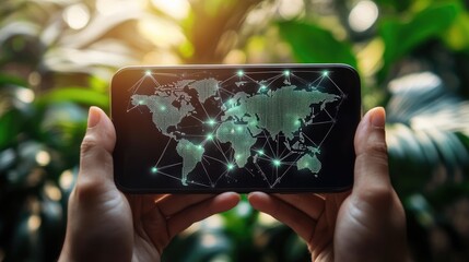 Poster - Global Connectivity Concept with Futuristic Smartphone Displaying World Map Against Lush Greenery in Nature Setting, Representing Technology and Environment Harmony