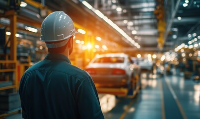 Poster - Factory worker observing car production line, industrial setting, bright lighting, modern manufacturing