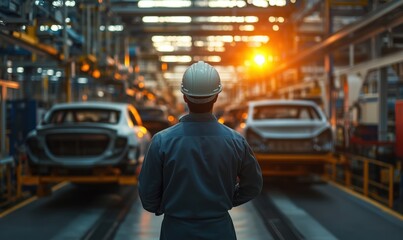 Poster - Automotive factory worker observing production line, sunset glow illuminating vehicles, industrial setting