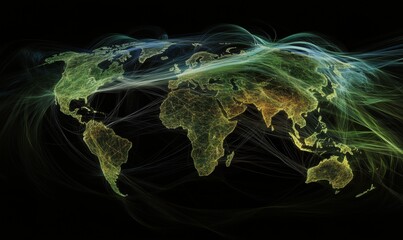 Poster - Global network visualization, colorful flowing lines representing data connections across continents, intricate patterns, dark background