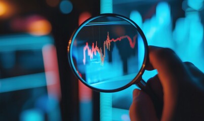 Poster - Stock market analysis through magnifying glass, highlighting financial data trends. Colorful graphs and charts in background, representing investment insights.