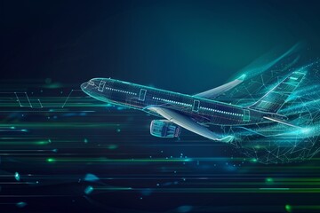 Poster - Digital rendering of a modern airplane flying through a futuristic landscape with motion effects at night. Generative AI