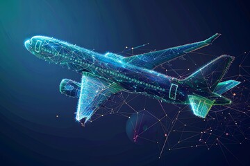Poster - Digital airplane rendering showcasing advanced technology in flight against a dark background. Generative AI