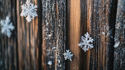 Poster - Close-up of Frost-Covered Wooden Fence with Snowflakes