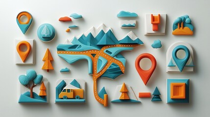 Colorful paper cut style map icon set featuring layered location markers roads and directional signs  This versatile graphic design element can be used for travel guides navigation apps infographics