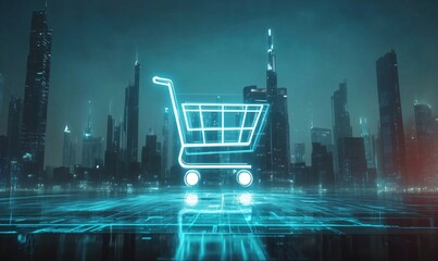 Poster - Digital shopping cart icon over futuristic city skyline, neon lights, technology concept, e-commerce, urban landscape