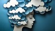 © Kunchan - Layered paper cut style portrait of a person in deep thought surrounded by abstract clouds and shapes in a surreal atmospheric composition  The image has a cerebral introspective and emotive feel