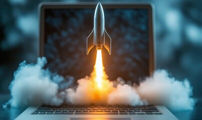 Poster - Rocket launching from laptop, symbolizing technology and innovation. Bright flames and smoke create dynamic visual. Futuristic concept of digital advancement.
