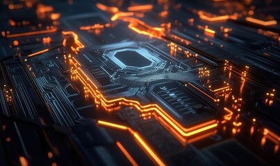 Poster - Futuristic circuit board with glowing orange lines and intricate patterns, showcasing advanced technology and digital design.