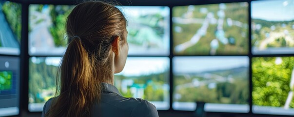 Poster - monitoring environmental changes control room digital station urban setting rear view ai technology 