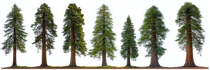 Tall Redwood Trees Collection on White Background Natural Diversity