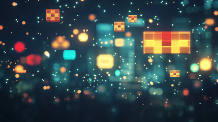 Wall Mural - Pixelated glowing shapes with vibrant colors on a dark background
