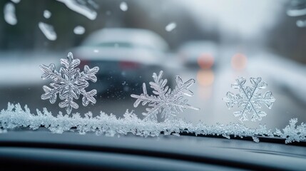 Poster - Delicate Snowflakes Adorn a Car's Windshield