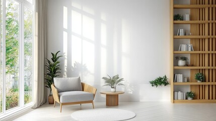 Wall Mural - Bright minimalist living room with cozy armchair and wooden accents in modern interior design