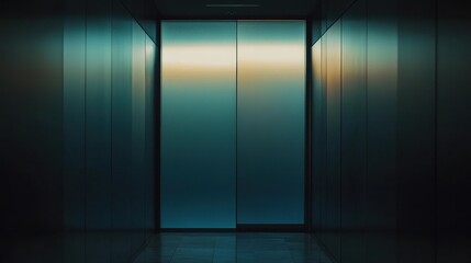 Poster - Mysterious Elevator Entrance in Modern Architecture, Soft Light Reflection, Abstract Corridor Design, Minimalist Aesthetic, Atmospheric Ambiance