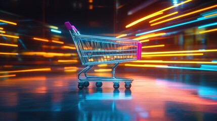 Poster - Dynamic Shopping Cart in Neon Lights with Motion Blur, Representing Modern Retail and E-commerce in a Vibrant Urban Environment