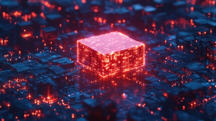 Poster - Abstract Digital Cube Surrounded by a Vibrant Red and Blue Network of Nodes and Lights Representing Future Technology and Data Processing Concepts