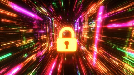 Poster - Abstract Digital Background with Neon Lights Featuring a Yellow Lock Symbol Representing Cybersecurity and Data Protection in a Futuristic Environment