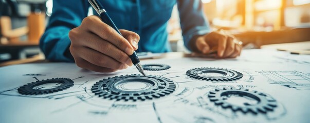 Poster - Mechanical engineer drafting complex designs engineering office closeup modern workspace precision and innovation