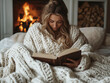 © Char Studios - Smiling blonde woman wrapped up in a cozy blanket, reading next to a fireplace