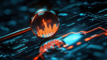 Poster - Futuristic Data Analysis with Magnifying Glass Over Graphical Representation of Digital Data Patterns and Stock Market Trends in Blue and Orange Glow
