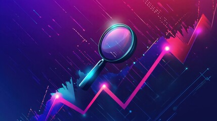 Poster - Abstract illustration combining a magnifying glass and upward graph lines to symbolize data analysis, growth insights, and market research in a digital landscape.