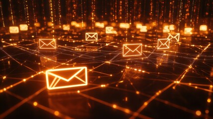 Poster - Futuristic Digital Background with Glowing Email Icons in a Dark Space, Representing Communication, Technology, and Connectivity in an Abstract Environment