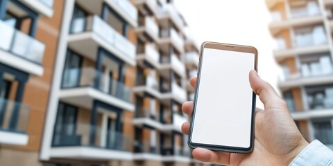 Poster - person holding smartphone with blank screen urban apartment background digital device modern environ