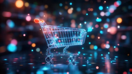 Poster - Glowing Shopping Cart Surrounded by Colorful Bokeh Lights Representing Online Shopping and E-commerce Concepts in a Digital Age