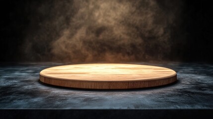 Poster - wooden round display stand on dark table surface with dramatic lighting and mist, perfect for produc