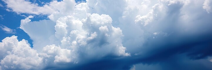 a dramatic display of fluffy white clouds against the deep blue color of the sky with a hint of thun