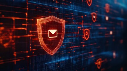 Poster - Digital Security Shield with Email Icon Against a Futuristic Technology Background, Representing Cyber Protection and Safe Communication Practices in a Modern World