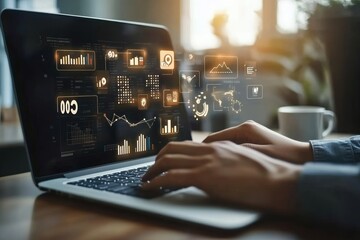 Hands typing on laptop with CRM icons and graphs in modern office for business technology management