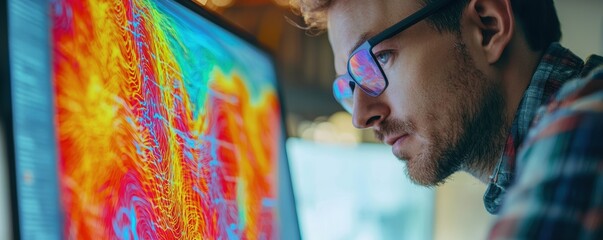 Poster - mechanical engineer analyzing fluid flow dynamics in high-tech workspace environment with macro view