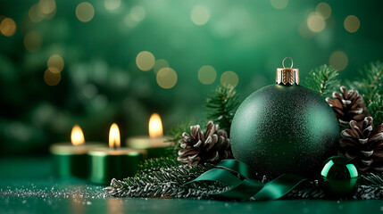 Wall Mural - green christmas wallpaper with bauble and candles