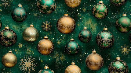 Wall Mural - green and gold baubles on a wrapping paper design