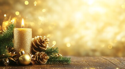 Wall Mural - Christmas background with a golden candle and decorations on a wooden table. Golden bokeh lights, with space for text or design. Christmas card template