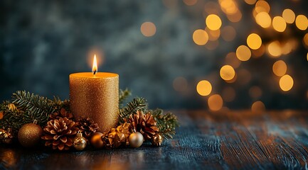 Wall Mural - Christmas background with a golden candle and decorations on a wooden table. Golden bokeh lights, with space for text or design. Christmas card template