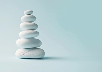 Poster - Stacked smooth stones in gentle hues, representing tranquility and balance against a soft blue background. Perfect for wellness and relaxation themes.