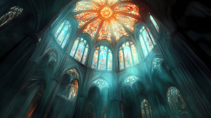 Wall Mural - Light streams through a stained glass dome into a dark and empty cathedral. gothic cathedral. illustration. Stained Glass Cathedral. Illustration