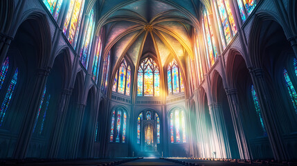 Wall Mural - Light streams through a stained glass dome into a dark and empty cathedral. gothic cathedral. illustration. Stained Glass Cathedral. Illustration