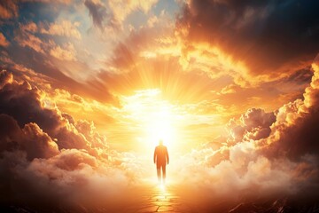 A man is walking through a sky filled with clouds and a bright sun, God in heaven concept