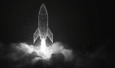 Poster - Rocket launch in wireframe design, digital art representation of space exploration, smoke clouds, glowing effect